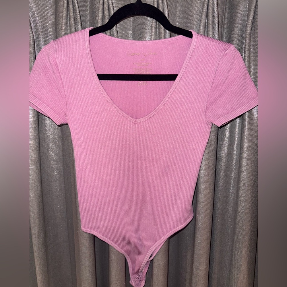 Pink Ribbed V-Neck Bodysuit